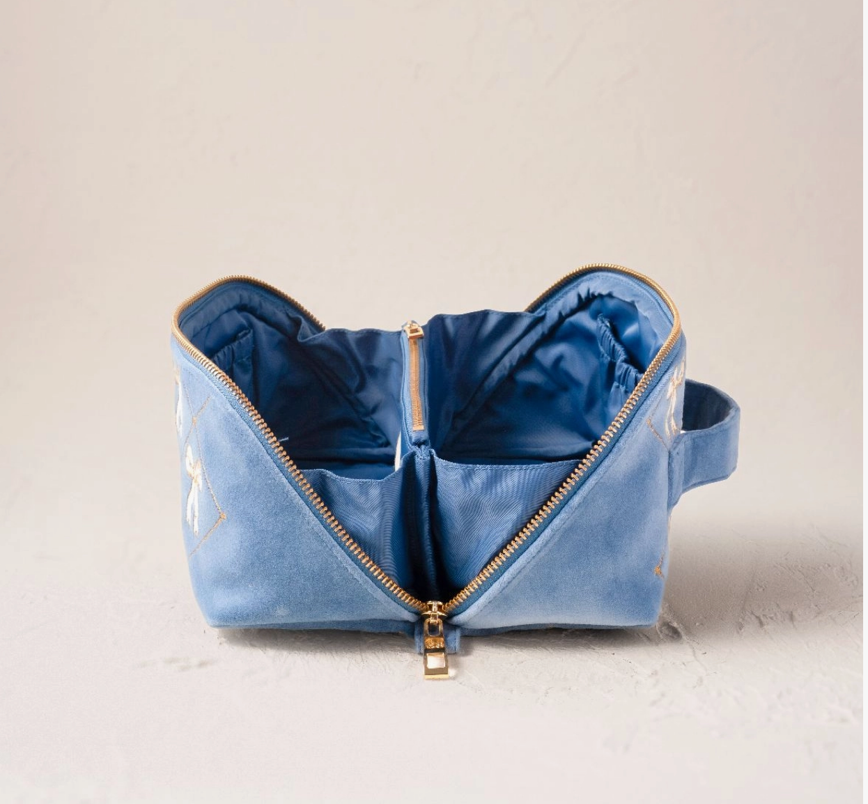 Elizabeth Scarlett Bow Open Flat Makeup Bag | Blue Velvet Cosmetic Bag
