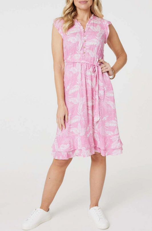 Leaf Print Frilled Knee Length Dress | Pink