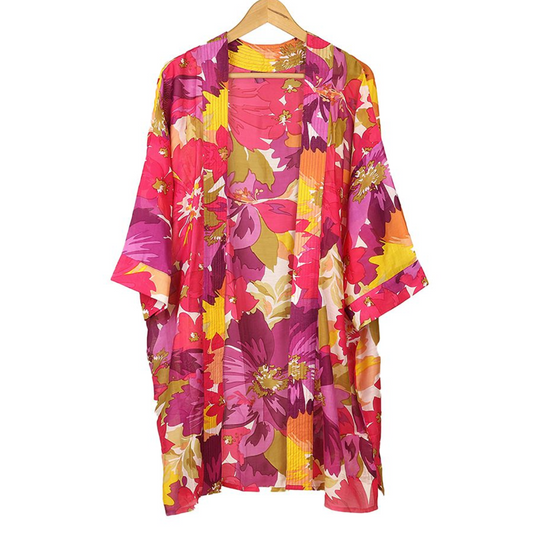 Long pink mix abstract floral print kimono