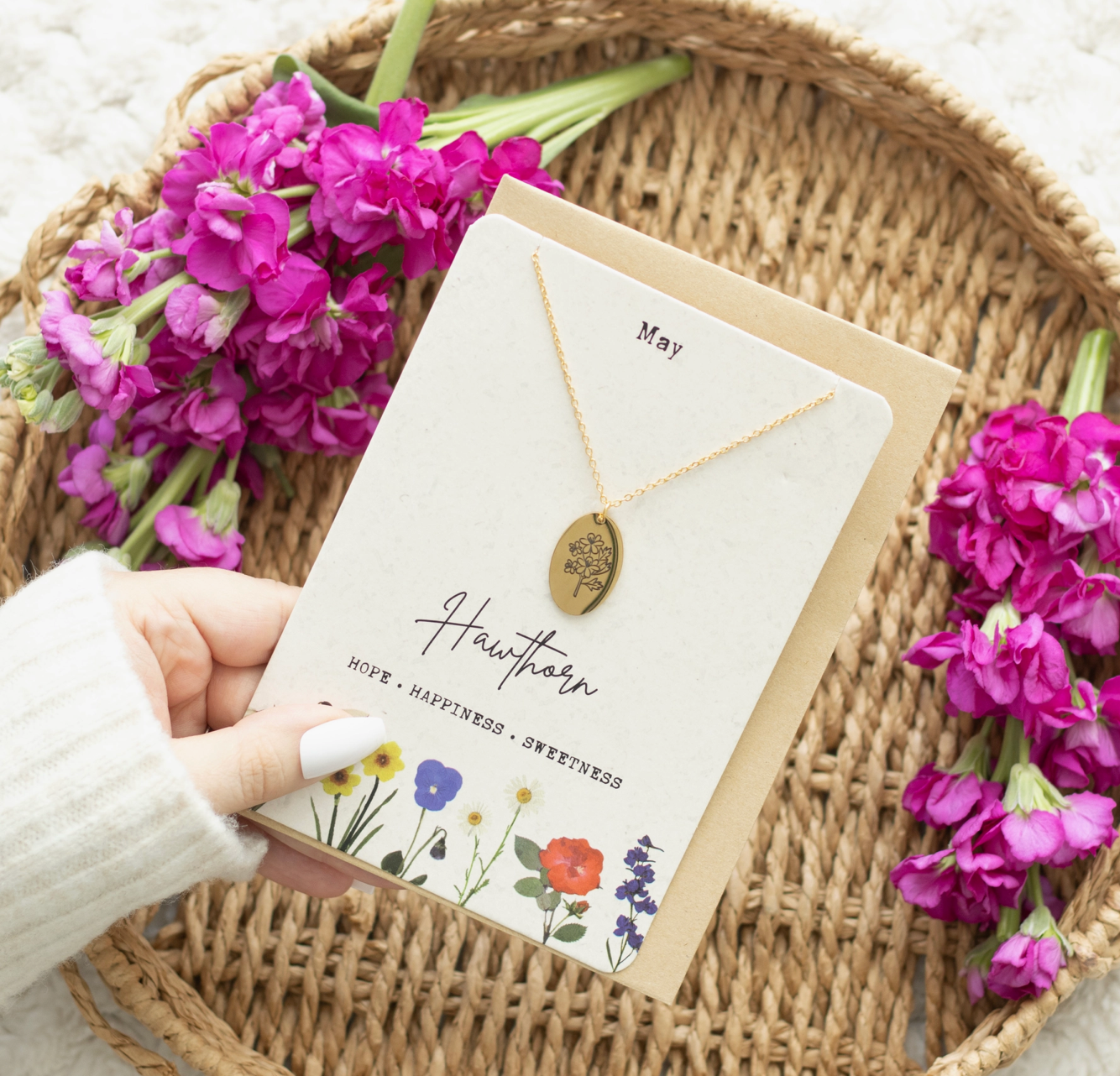 May Hawthorn Birth Flower Necklace On Greeting Card