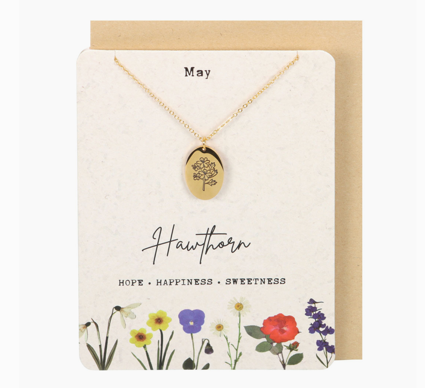 May Hawthorn Birth Flower Necklace On Greeting Card