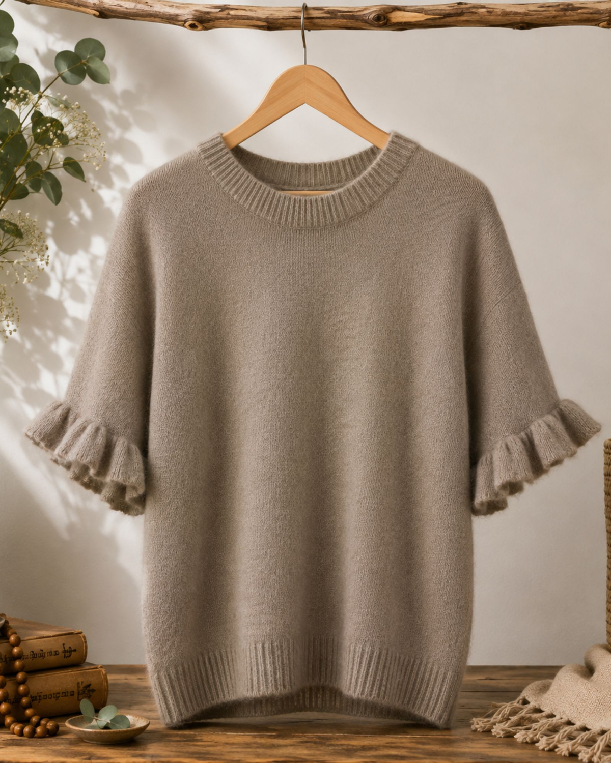 Alpaca Blend Frill Sleeve Knit – Mocha