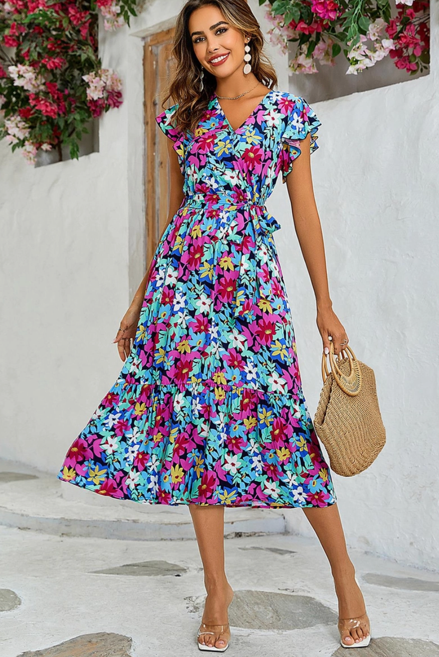 Multi Coloured Floral Print Wrap Dress