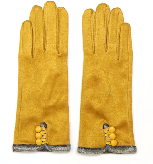 Mustard faux suede with button detail gloves