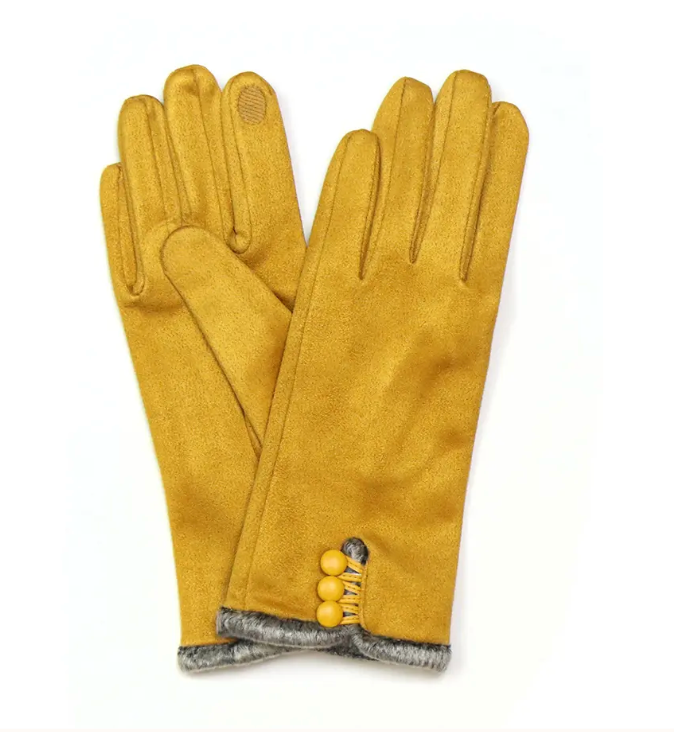 Mustard faux suede with button detail gloves