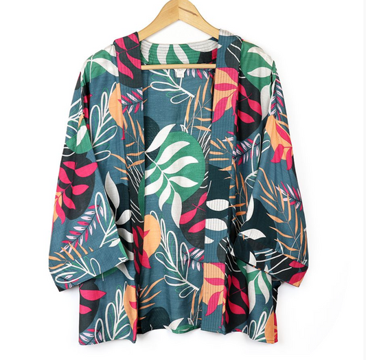 Muted Green & Coral Mix Botanical Print kimono