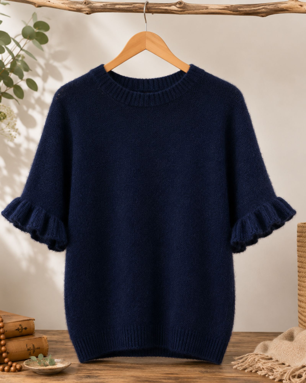 Alpaca Blend Frill Sleeve Knit – Navy