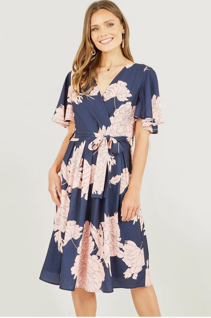 Navy Blossom Print Wrap Skater Dress