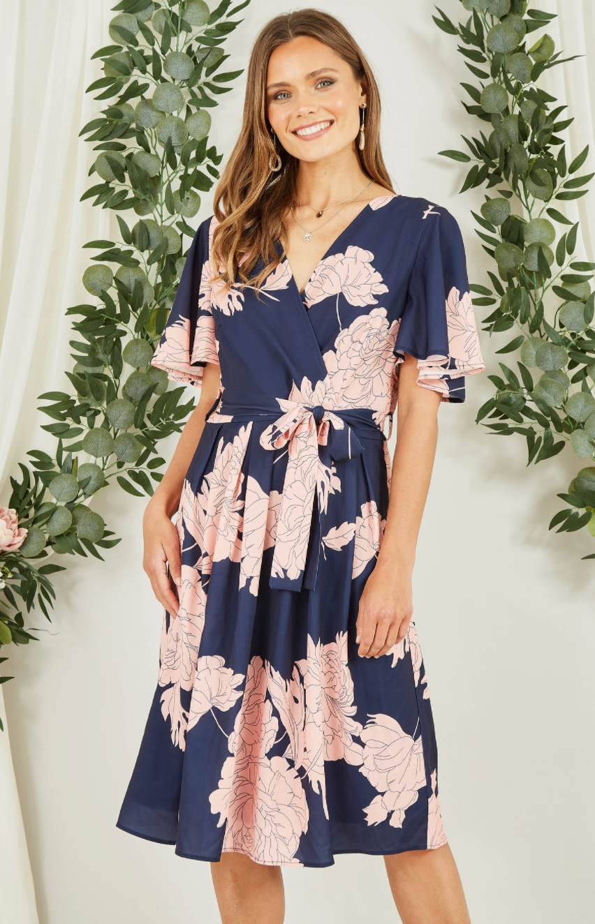 Navy Blossom Print Wrap Skater Dress