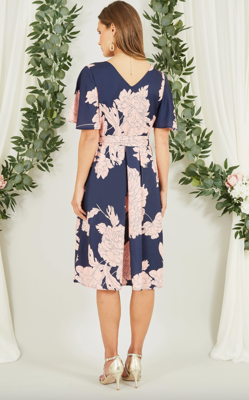 Navy Blossom Print Wrap Skater Dress