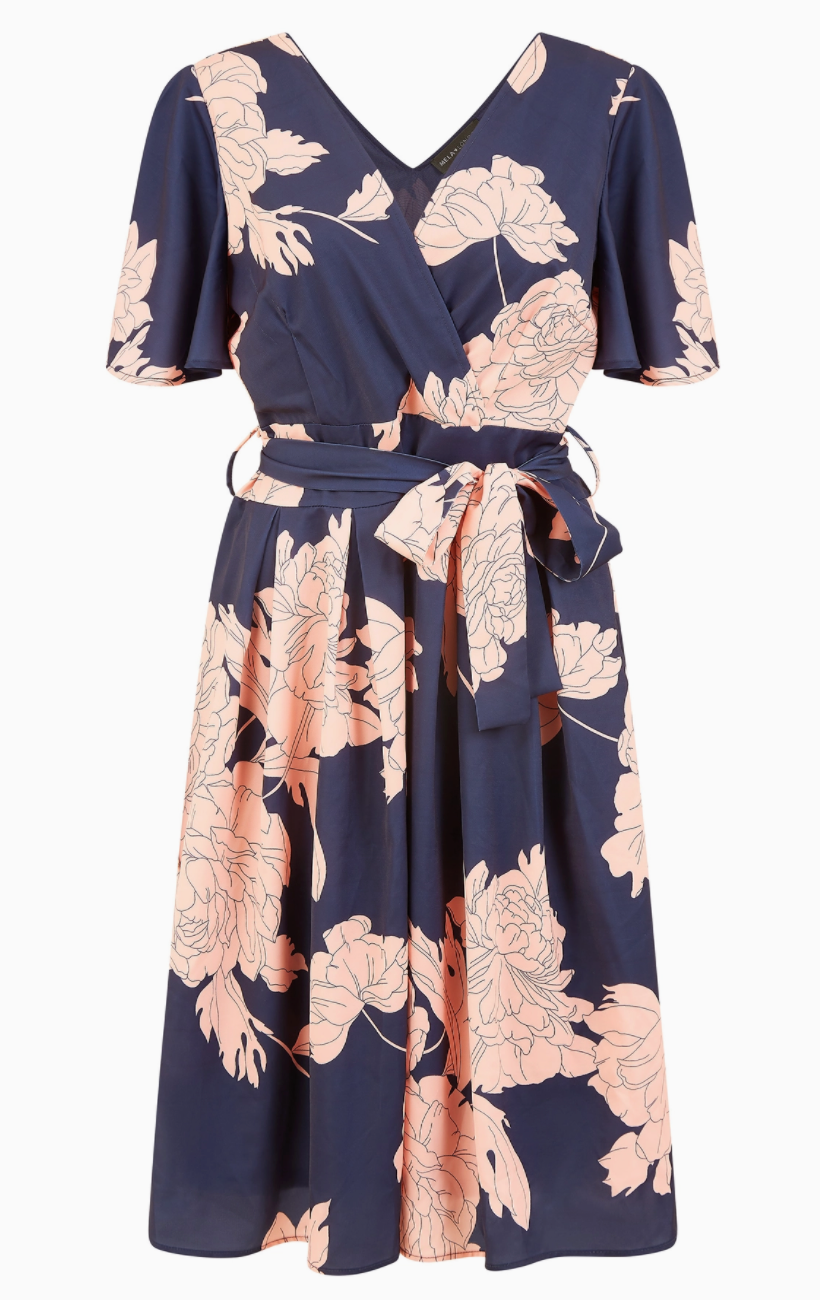 Navy Blossom Print Wrap Skater Dress