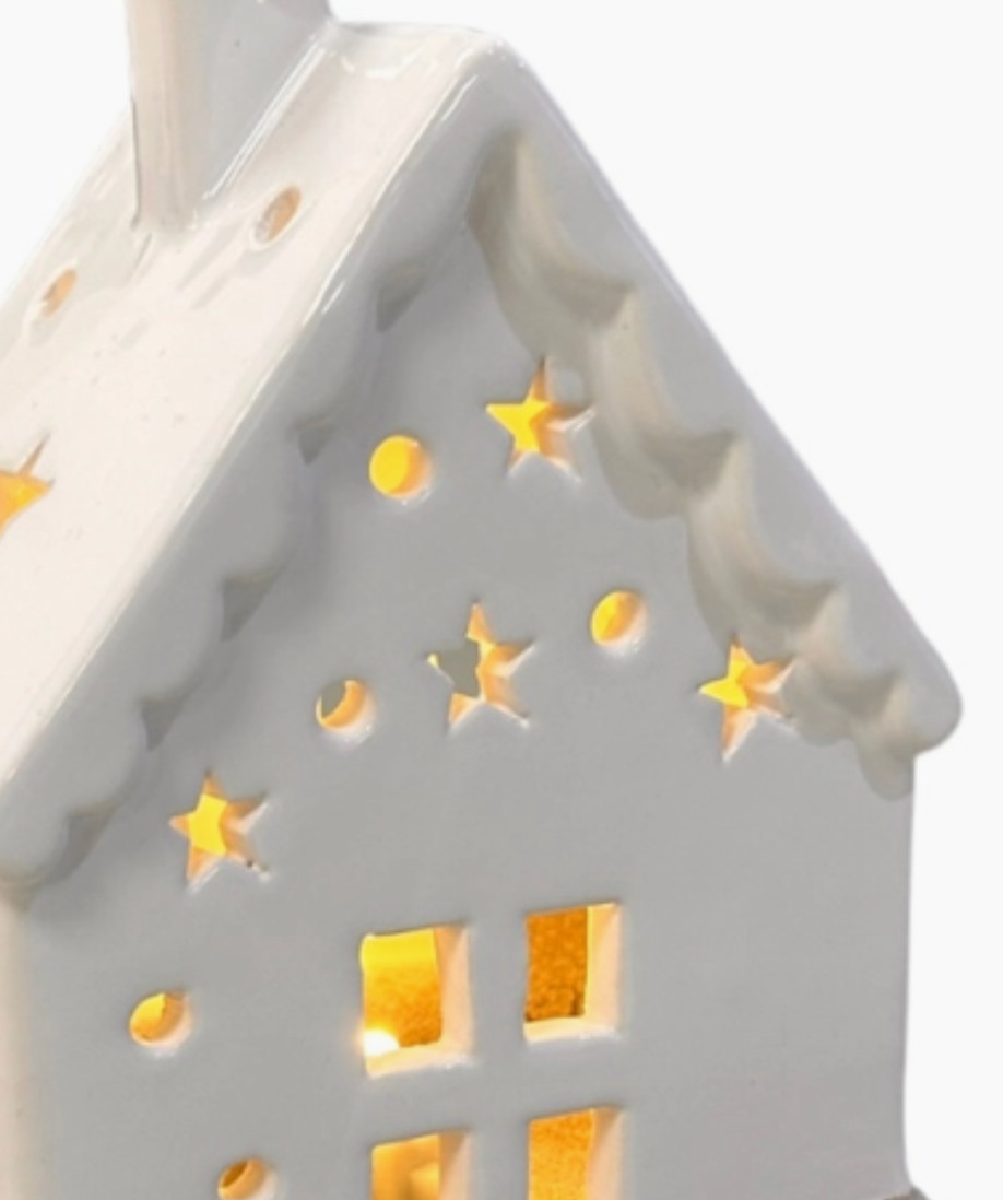 LED Light Up Gingerbread House | White Ceramic | Christmas Village