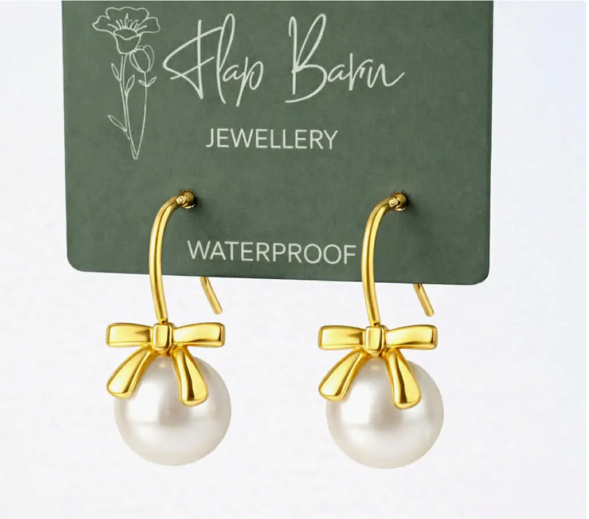 Pearl Bow Hoop Earrings | Waterproof Gold Stainless Steel Jewellery