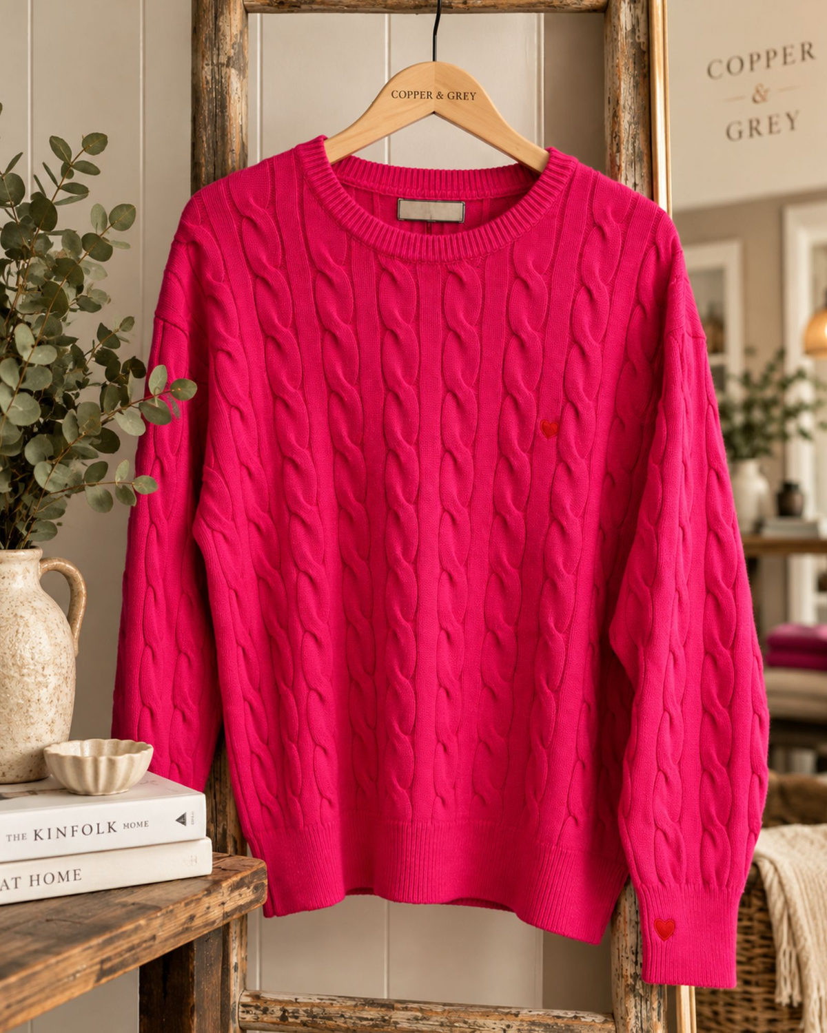 Heart Detail Cable Knit Jumper – Fuchsia