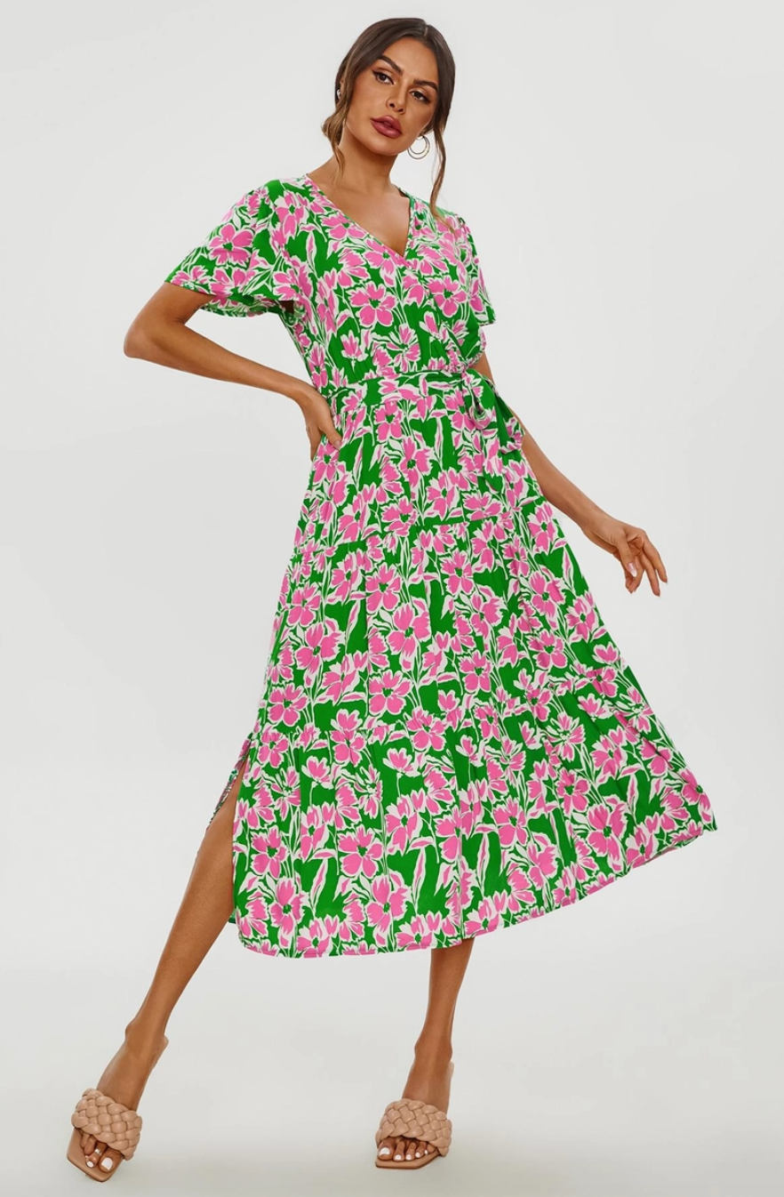Pink & Green Floral Tiered Wrap Midi Dress