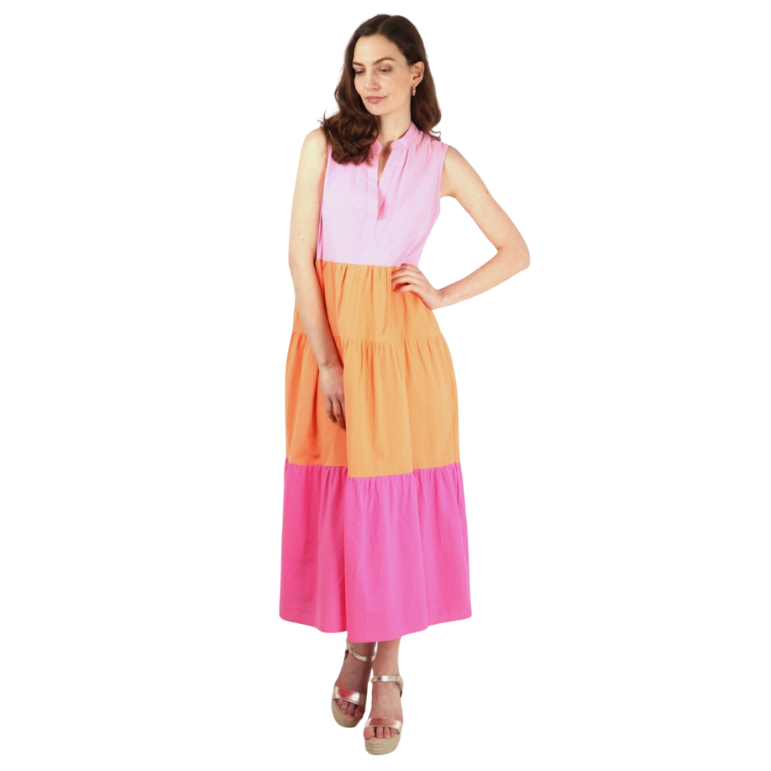 Colourblock Sleeveless Tiered Summer Dress in Pink