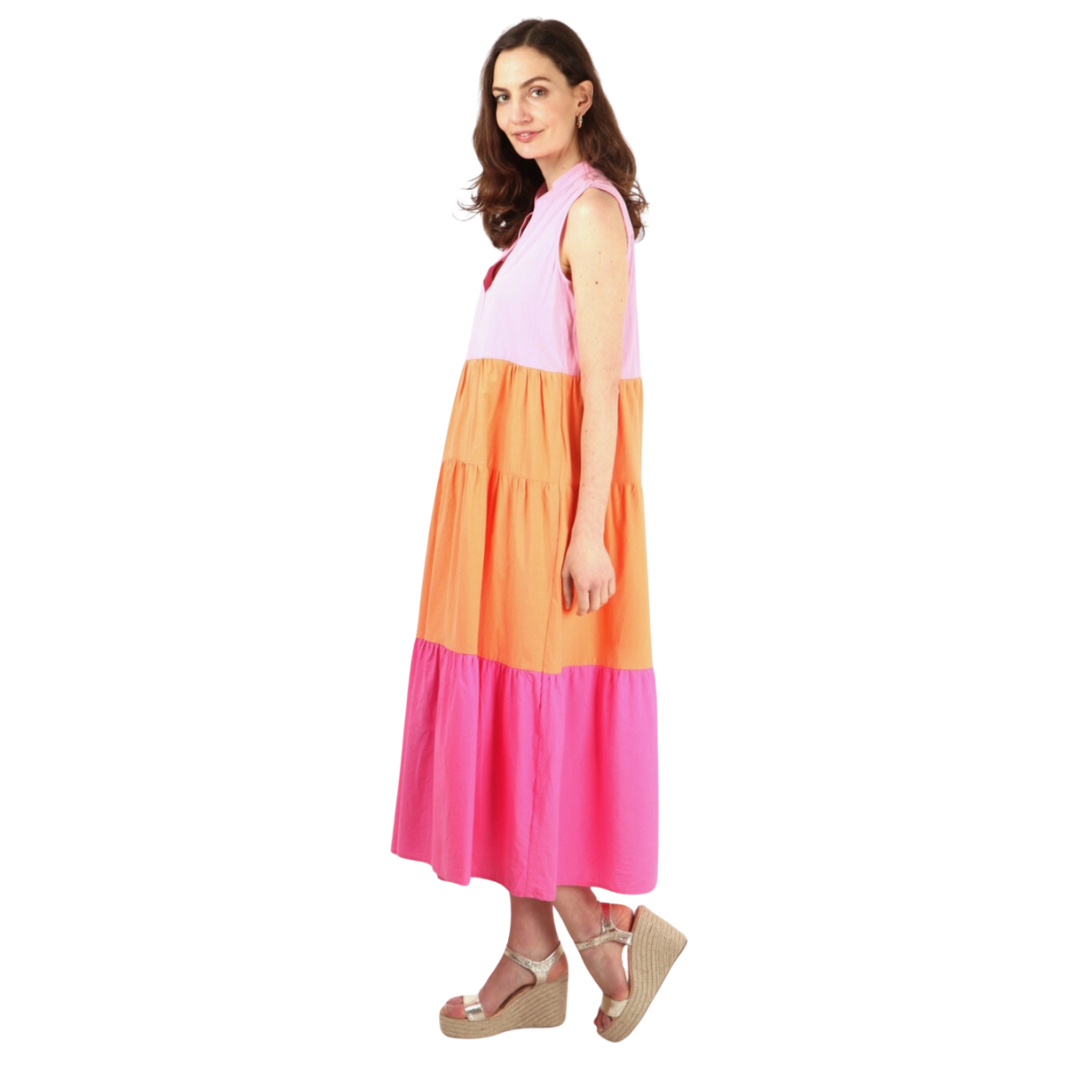 Colourblock Sleeveless Tiered Summer Dress in Pink