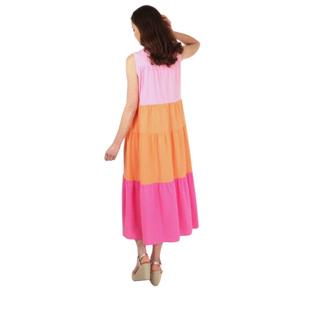 Colourblock Sleeveless Tiered Summer Dress in Pink