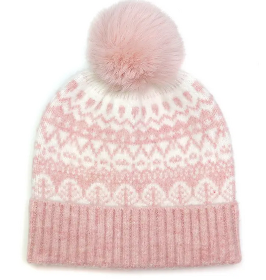 Cosy Pink Fair Isle Bobble Hat