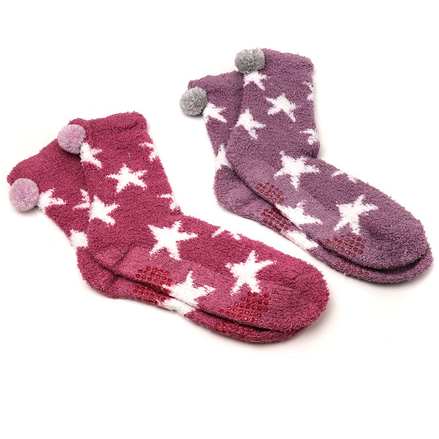 Pink & lilac fluffy star and pom-pom sock duo