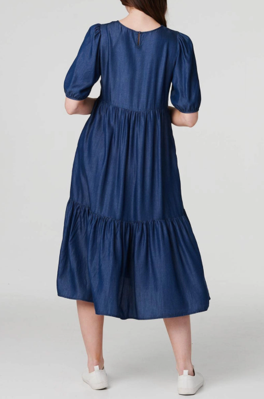 Puff Sleeve Tiered Midi Dress | Denim Blue