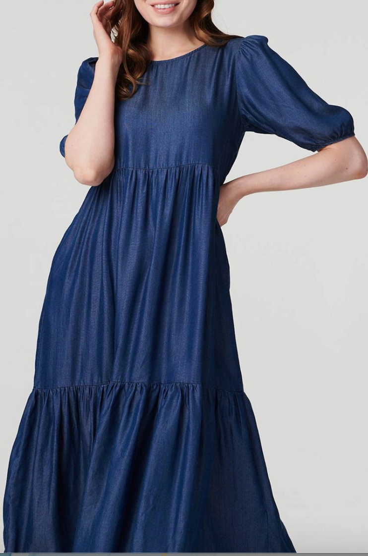 Puff Sleeve Tiered Midi Dress | Denim Blue