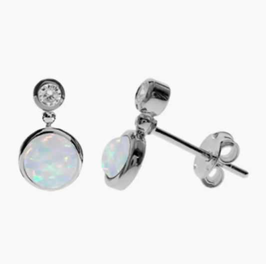 Round White Opalite  & Cubic Ziroconia Stud Earrings