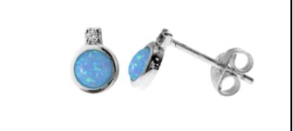 Round Collet Set Blue  Opalite & Cubic Zirconia Stud Earrings