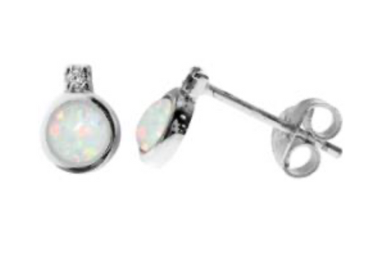 Round Collet Set White Opalite & Cubic Zirconia Stud Earrings