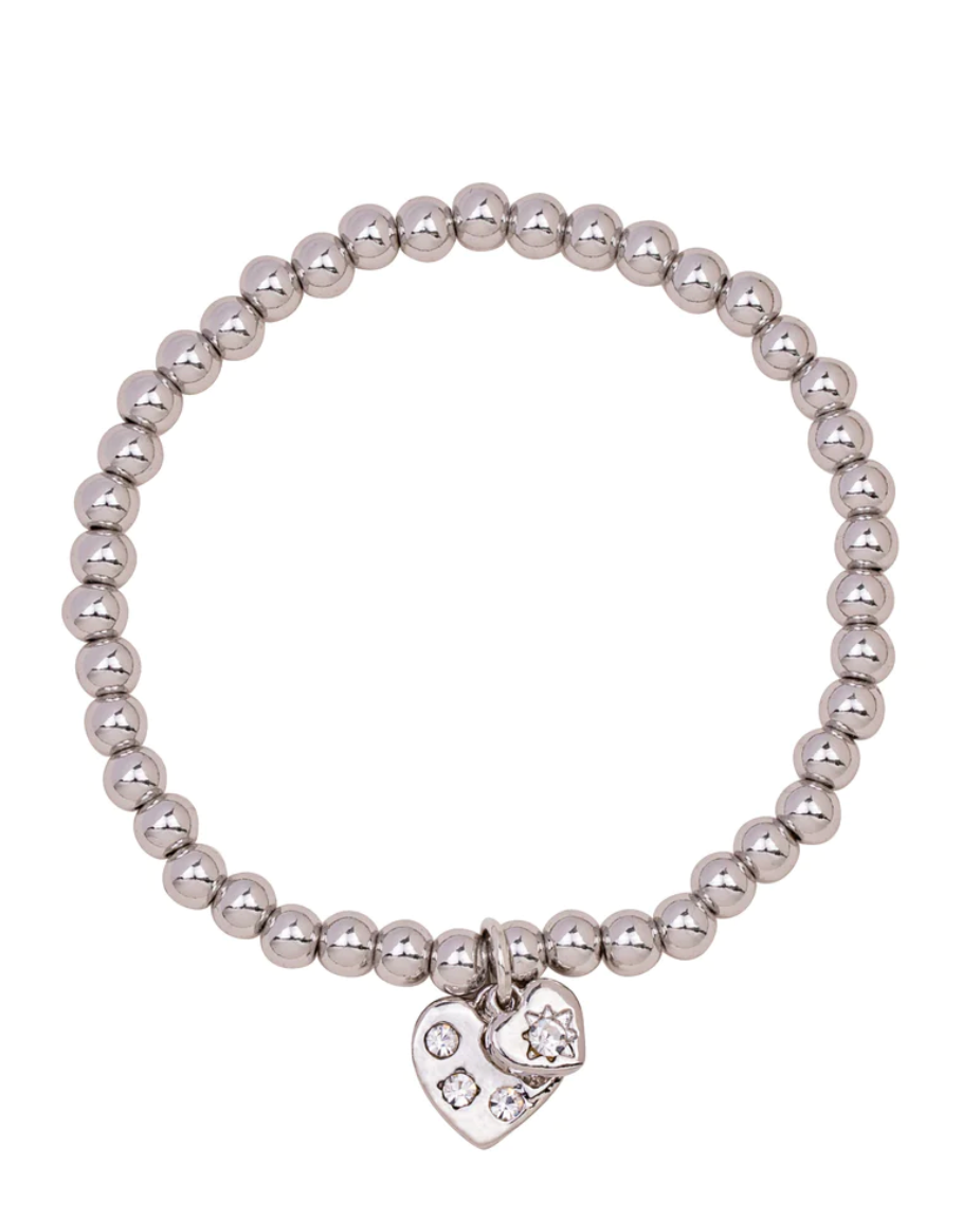 Crystal Heart Rhodium Silver Beaded Bracelet
