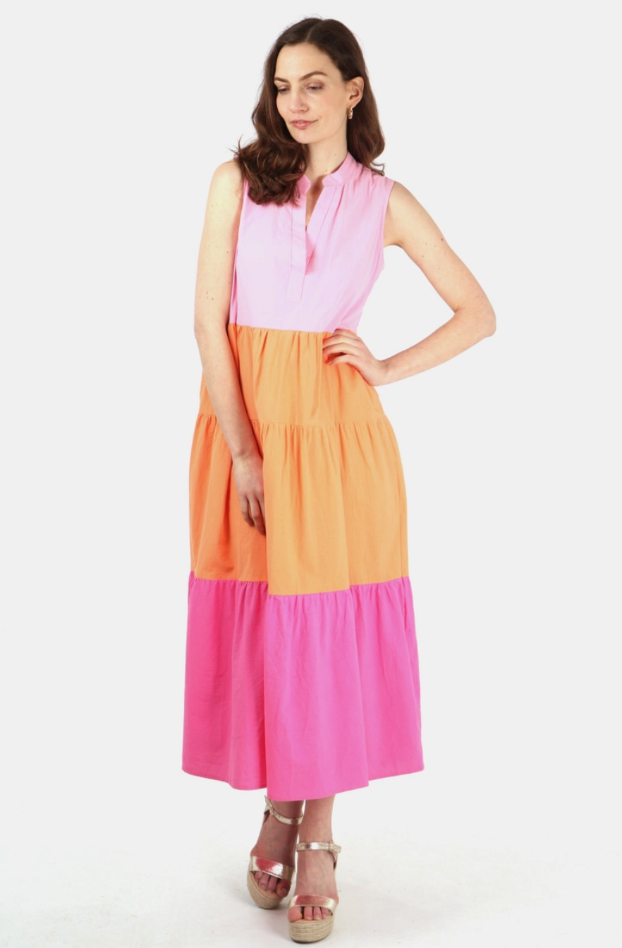 Colourblock Sleeveless Tiered Summer Dress in Pink