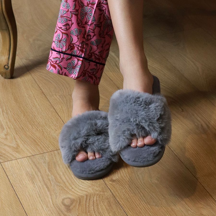 Soft Grey Criss Cross Fluffy Slippers Copper Grey