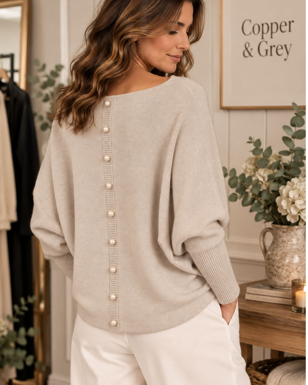 Pearl Back Batwing Knit – Stone