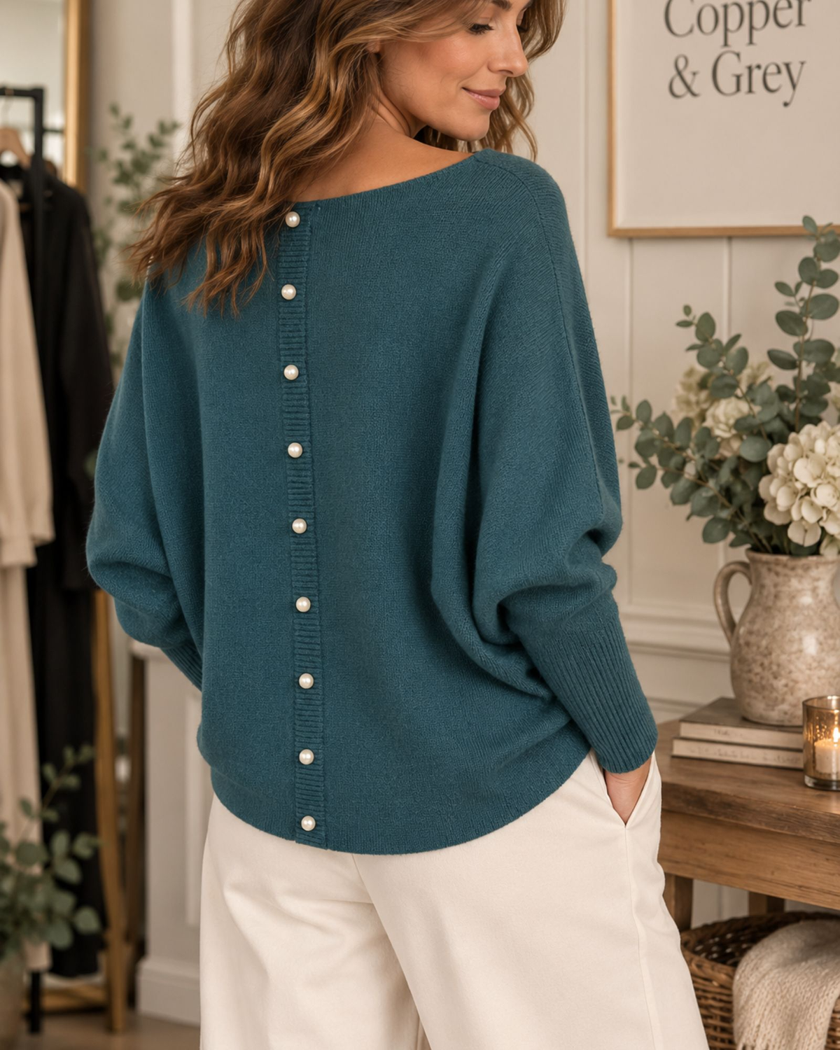 Pearl Back Batwing Knit – Teal
