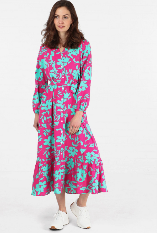 Tropical Floral Print V-Neck Tiered Shirt Dress | Pink & Turquoise