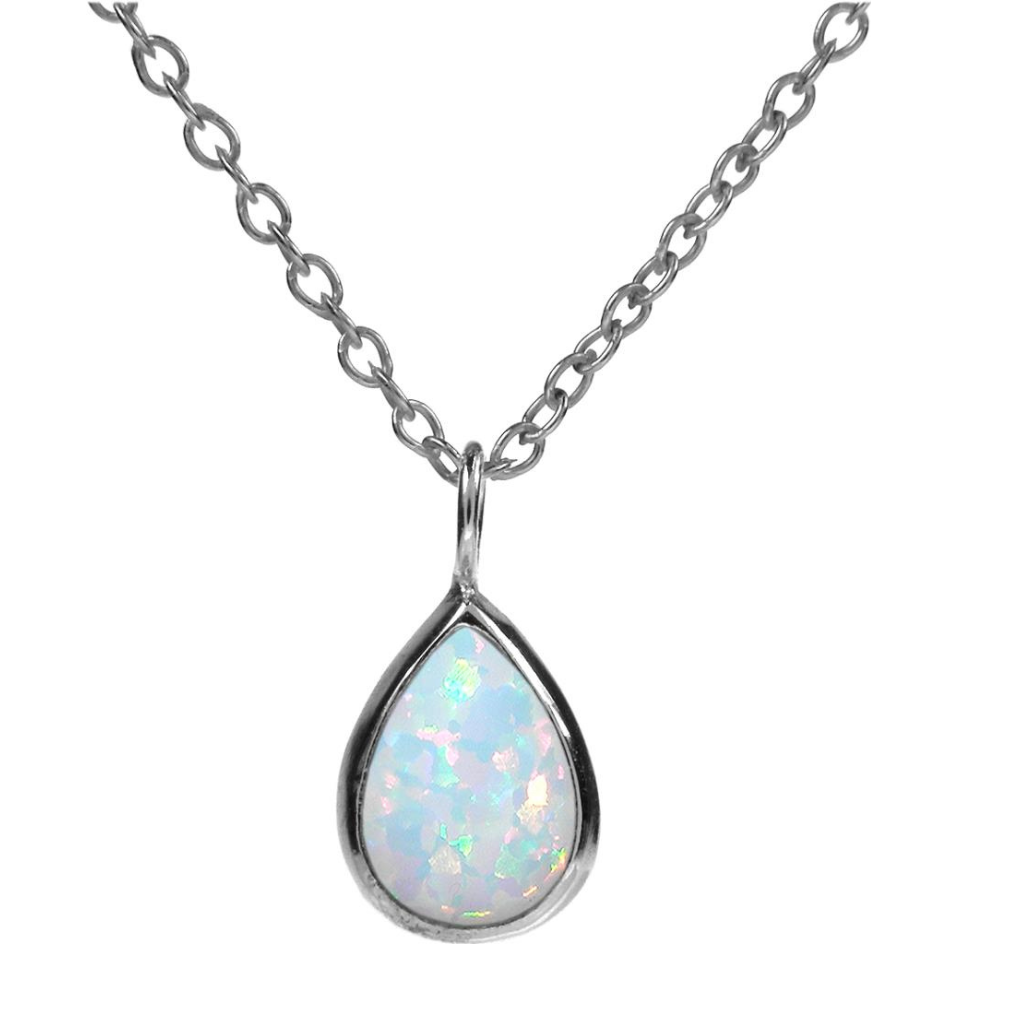 Teardrop White Opalique & Sterling Silver Necklace