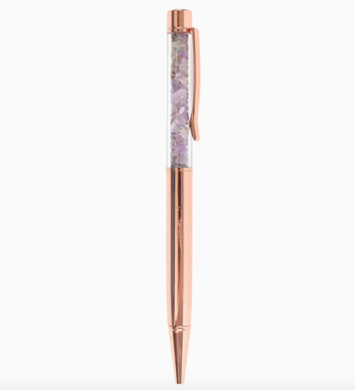 rose gold tone ball point pen with a clip and the clear top third filled with amethyst chips.