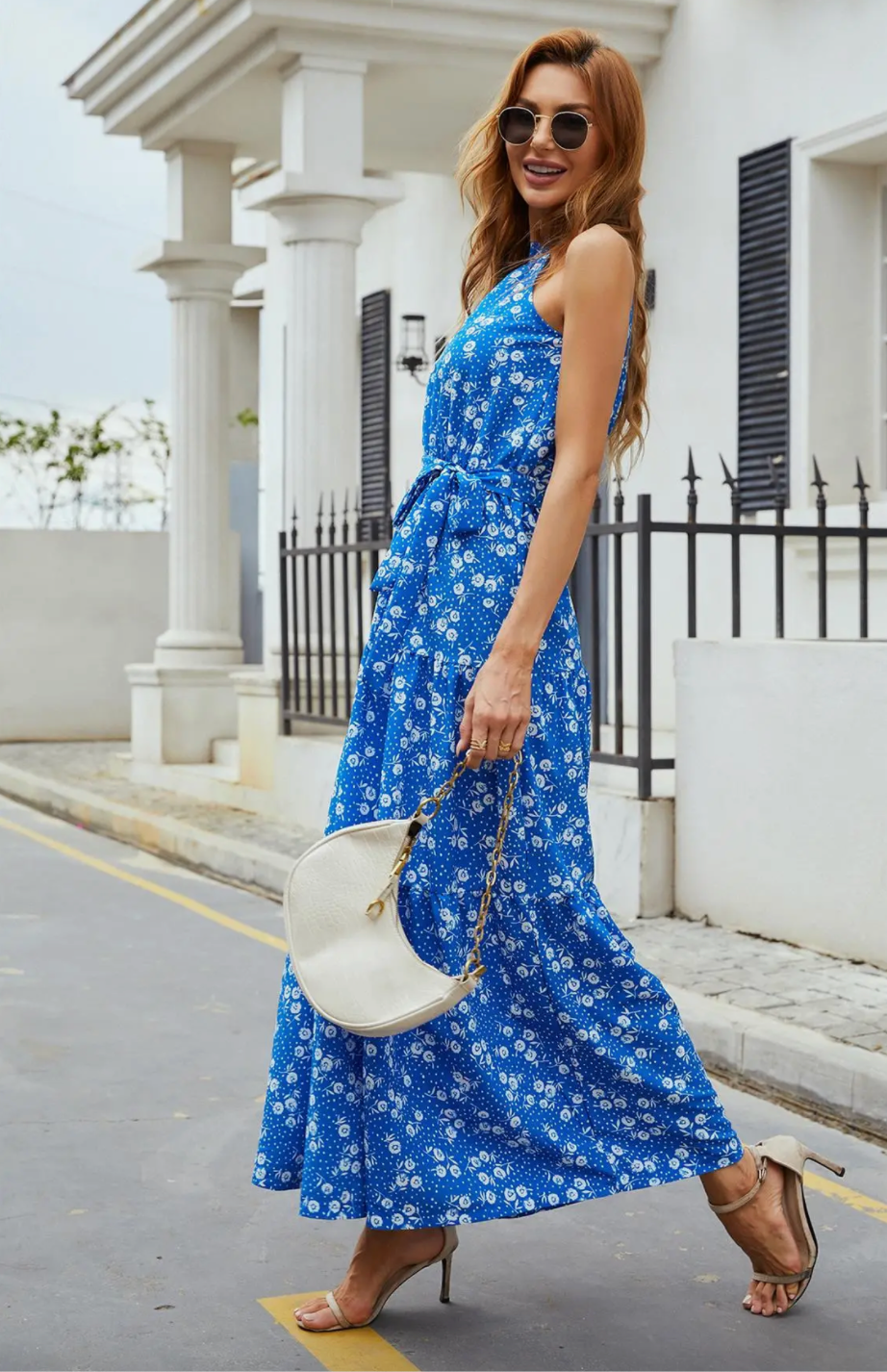 Blue Floral Halter Neck Maxi Layer Dress