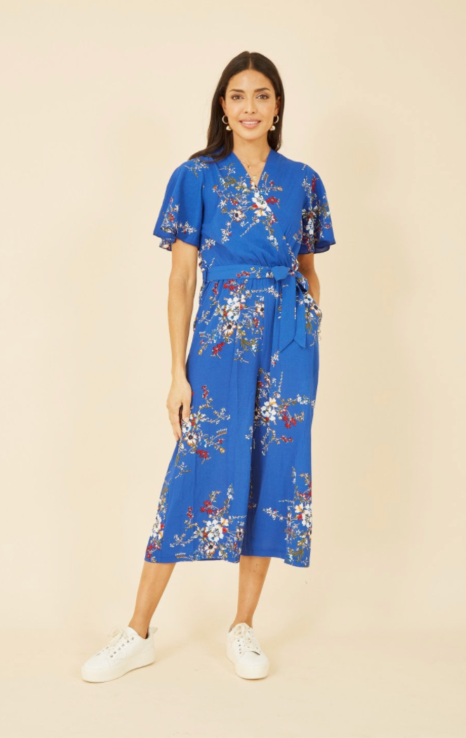 Blue Floral Print Jumpsuit with Angel Sleeves