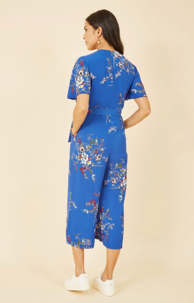 Blue Floral Print Jumpsuit with Angel Sleeves