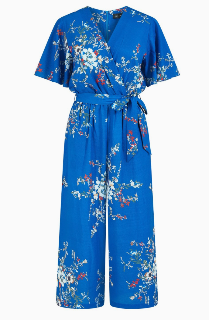 Blue Floral Print Jumpsuit with Angel Sleeves