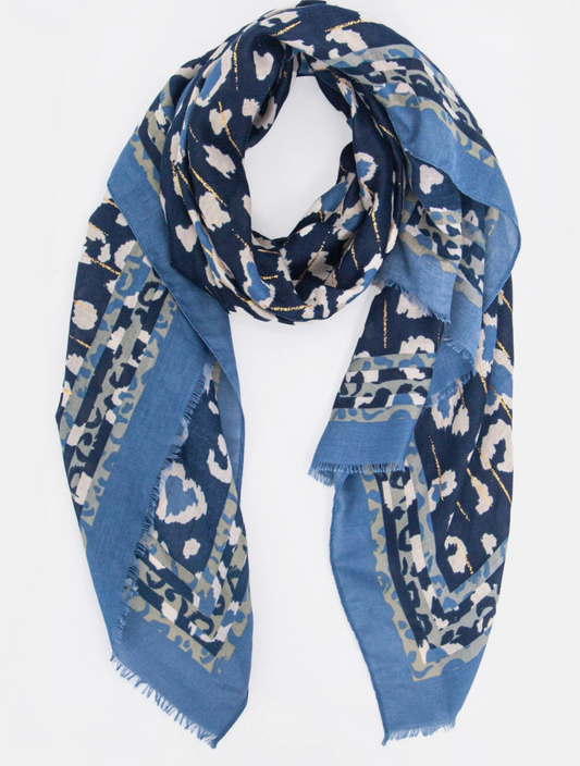 Percy Lightweight Scarf |  Blue | Leopard Print