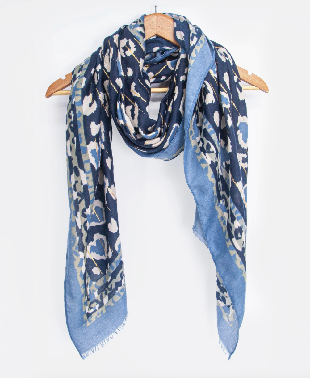 Percy Lightweight Scarf |  Blue | Leopard Print