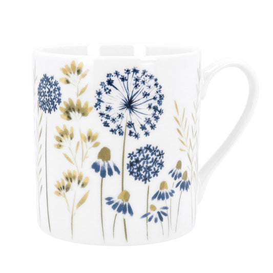 white bone china mug with a meadow flower design in blue and green