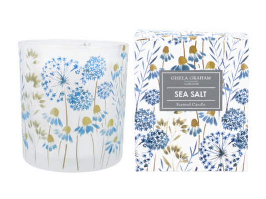 sea salt scented canle with glass pot decorated with blue meadow flowers and matching box