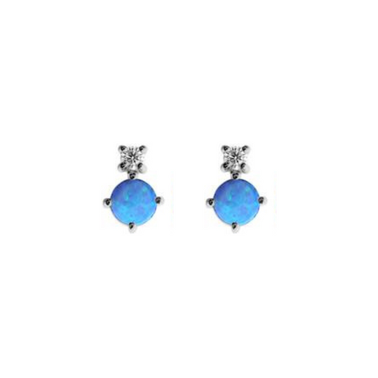 a pair of stud earrings with a 4mm blue opalite and small cubic zirconia