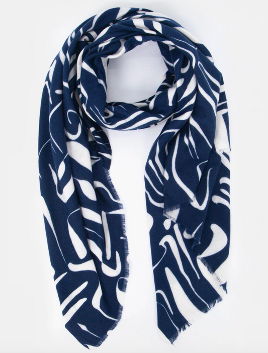 Vera Lightweight Scarf |  Navy Blue & White | Abstract Pattern