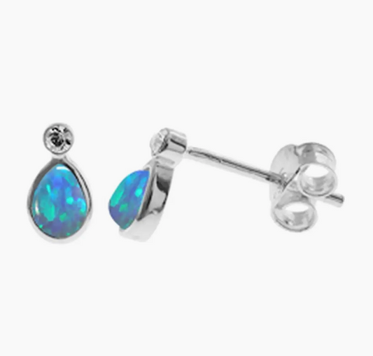 Blue Teardrop Opalite & Cubic Ziroconia Stud Earrings