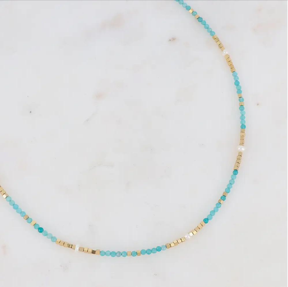 Amazonite | Freshwater Pearl | Gold Tone Bead Necklace
