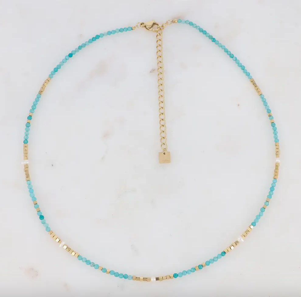 Amazonite | Freshwater Pearl | Gold Tone Bead Necklace